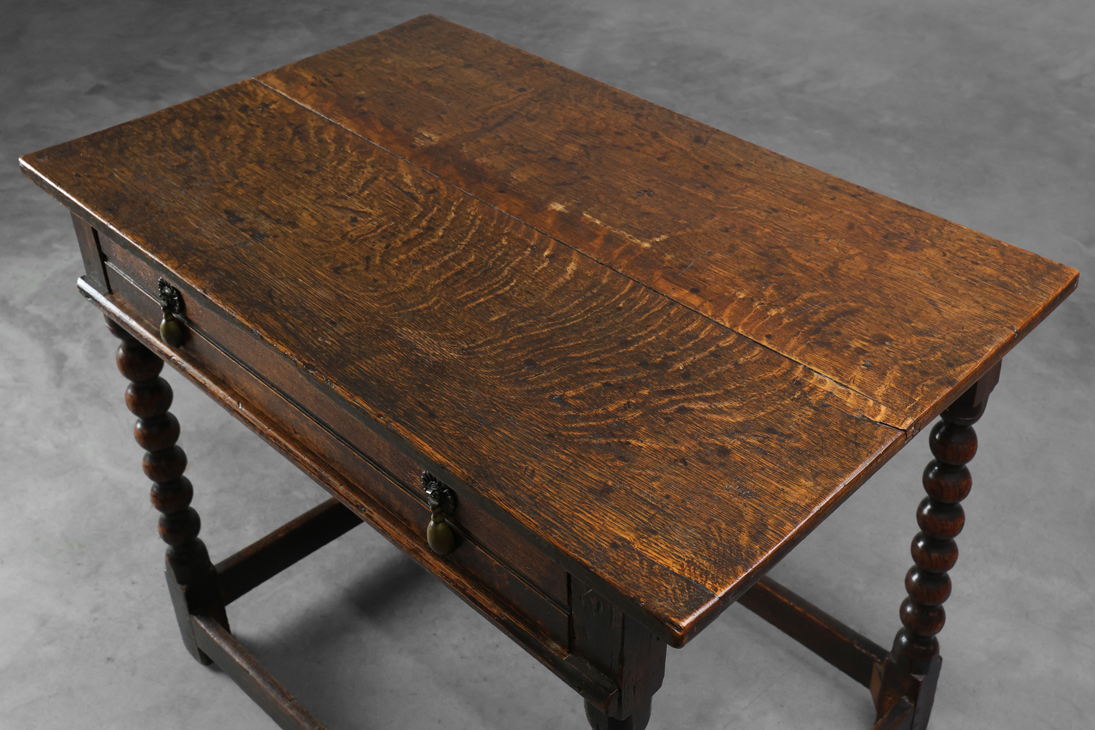 18th Century English Bobbin-Turned Oak Side Table with Bronze Hardware, James II Periodthumbnail